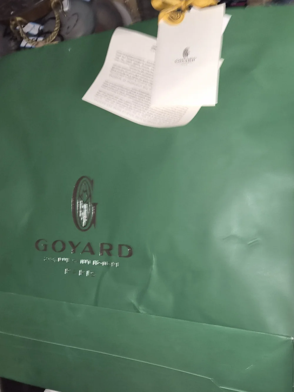 Authentic Goyard XL Green Paper Shopping Bag with Cards Ribbon Tag 23x19.5x6